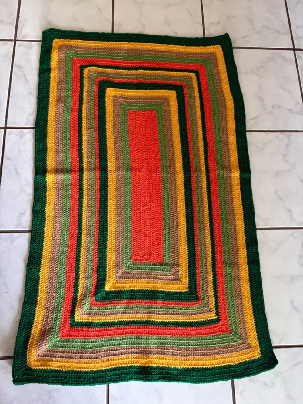 Handmade Green, Red & Yellow Striped Crochet Throw 66”L x 42”W